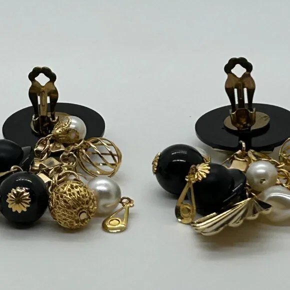 Vintage Gold Black Dangle Earrings Faux Pearl Geometric Retro Runway Chandelier - Picture 11 of 16
